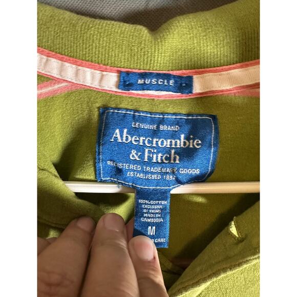 Abercrombie & Fitch Polo Shirt Mens Medium Green Pink Striped Muscle Fit Casual - Picture 3 of 4